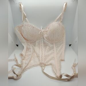 Pink sheer lace bustier with garter straps M